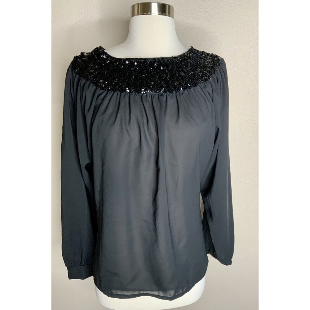 Vintage Women's Sunny South Black Sheer Sequin Blouse Top Shirt 10 M Euc